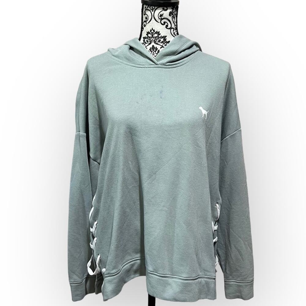 PINK Laced Up Hooded Sweatshirt sz L Gray and White